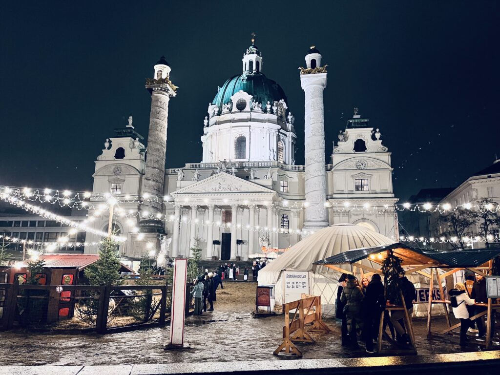 Vienna Christmas market during a white winter evening