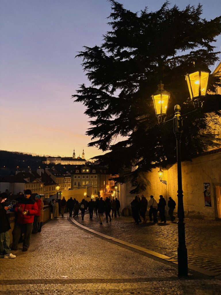 Central Europe winter trip evening streets and Christmas lights in Central Europe